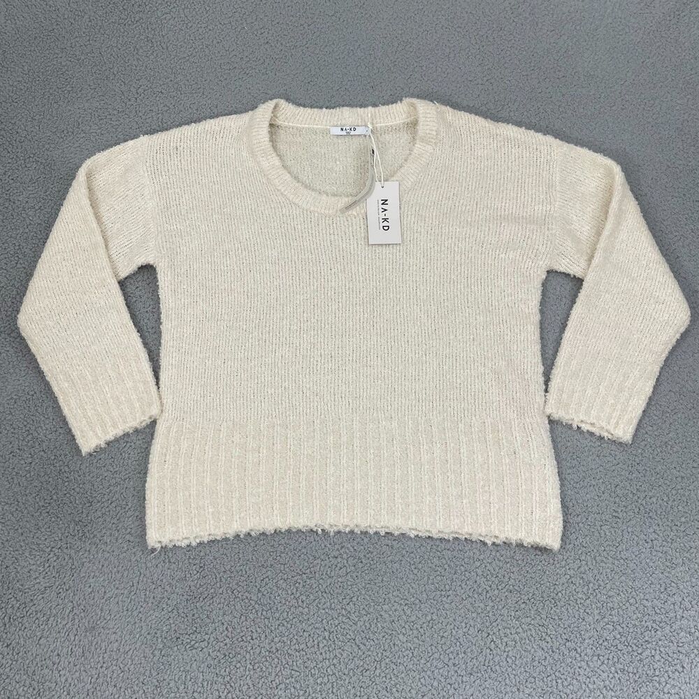 NA-KD‎ Knitted Sweater Women M Ivory Scoop Neck Pullover NWT